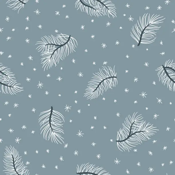 Vector illustration of Fir branches with snowflakes Christmas seamless pattern. Winter vector hand-drawn floral background in simple cartoon scandinavian style. Pastel palette.