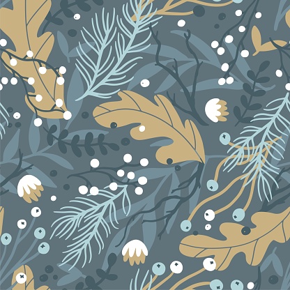 Winter floral seamless pattern. Dead deciduous and coniferous plants, dry branches. Vector hand-drawn trendy illustration in Scandinavian style. Ideal for fabric, textile, paper packaging