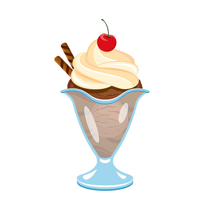 Ice cream sundae icon vector isolated on a white background. Chocolate ice cream cup with a wafer drawing