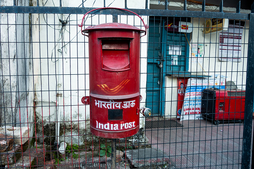 October 14th 2022 Dehradun City Uttarakhand India. India Post services. Vintage Red letter box.