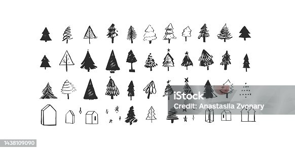 istock Hand drawn vector abstract graphic Merry Christmas and Happy new year textured,cute ink xmas tree simple illustrations collection set isolated.Modern Merry Christmas design concept art.Christmas tree. 1438109090