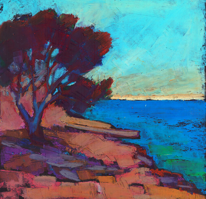 Seascape with Pine trees in Pastel style