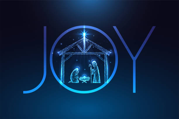 Christian religious Christmas greeting card with Nativity scene and word Joy on dark blue background Christian religious Christmas greeting card with Nativity scene and word Joy of in futuristic glowing low polygonal style on dark blue background. Modern abstract connection design vector illustration religious christmas greetings stock illustrations