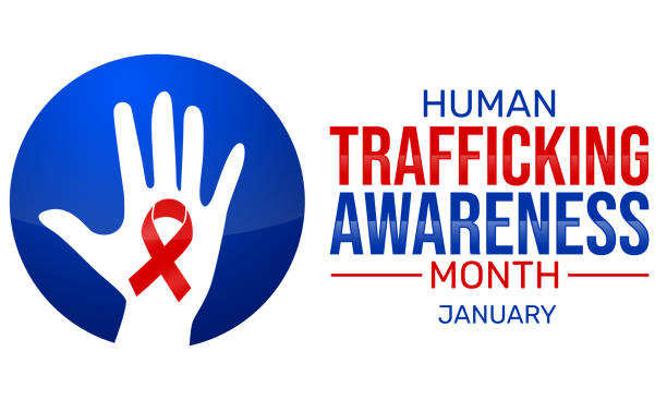 istock Human Trafficking Awareness Month background with ribbon and hand sign. January is trafficking awareness month, backdrop design 1438109511