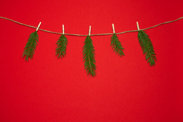istock A garland of Christmas tree branches on a red background. 1438109610