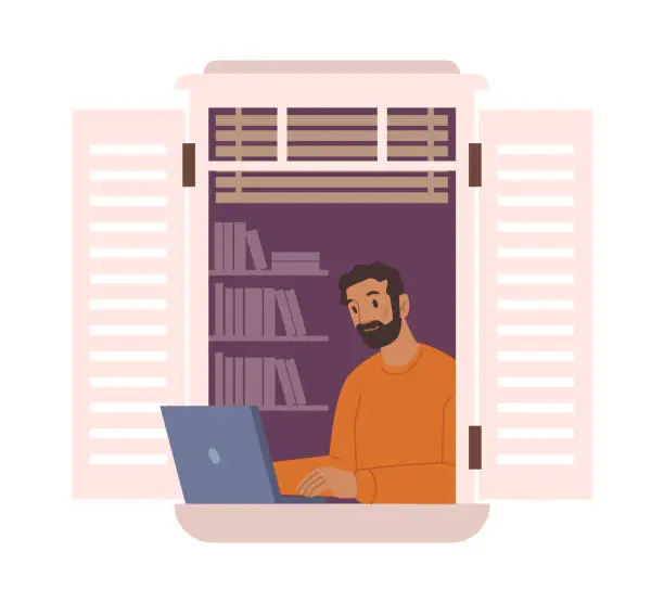 Vector illustration of Worker with laptop working from home, freelance with personal computer on window sill. Employee or boss in apartment. Cartoon character, vector in flat style