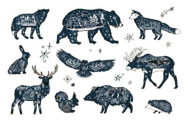 leśne zwierzęta boże narodzenie zima zestaw ilustracji wektorowych. - owl clover stock illustrations