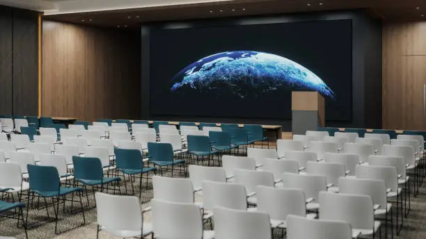 Interior of a large empty lecture hall.
Globe texture courtesy of NASA
(https://visibleearth.nasa.gov/view.php?id=55167)