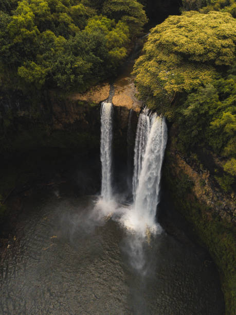 istock Beautiful waterfall streaming into the river surrounded by greens 1438112887