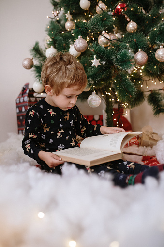 Little boy reading a book in decorated cozy living room. Happy kid on Christmas time.