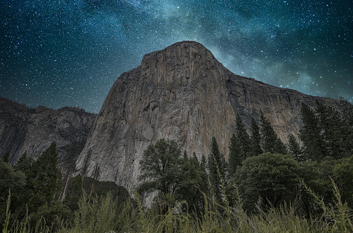 A panoramic shot of the Yosemite National Park on a stary night background