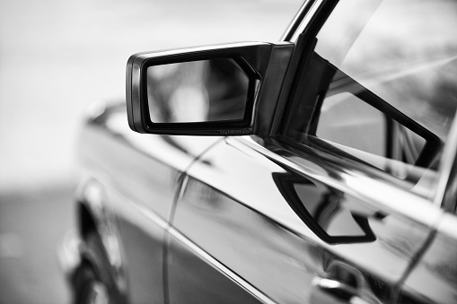 Vintage side mirror, black and white image