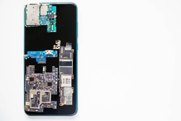 istock Electronic motherboard, isometric processor microchip of mobile phone, digital communication, people and technologies 1438118590