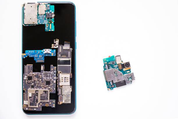 istock Electronic motherboard, isometric processor microchip of mobile phone, digital communication, people and technologies 1438118594