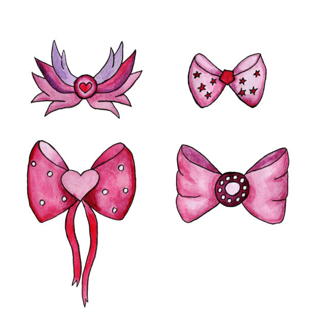 istock Decoration pink bows set painted in watercolor. Satin pink bows with white polka dots, stripe, ornament, diamonds. 1438119283