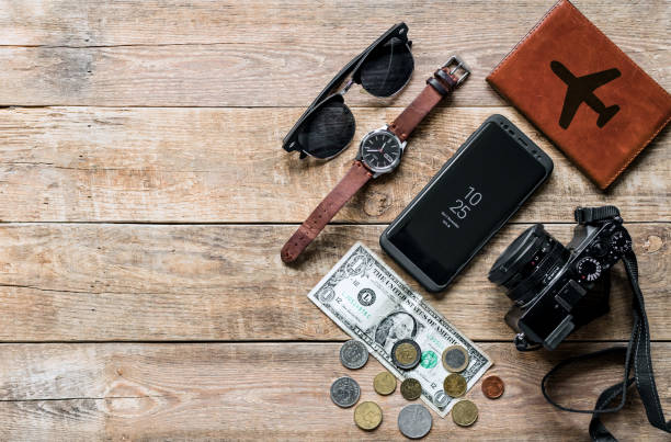 istock Top view of different objects for traveling 1438119515