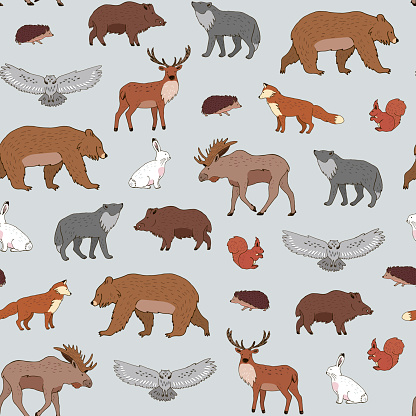 Forest animals vector seamless pattern.