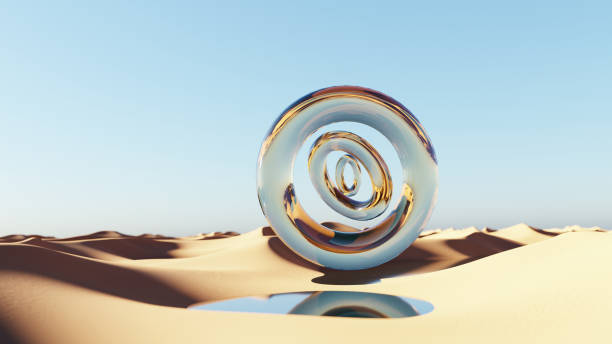 Surreal desert landscape with shiny rings in sand on sunny day. 3D rendering.