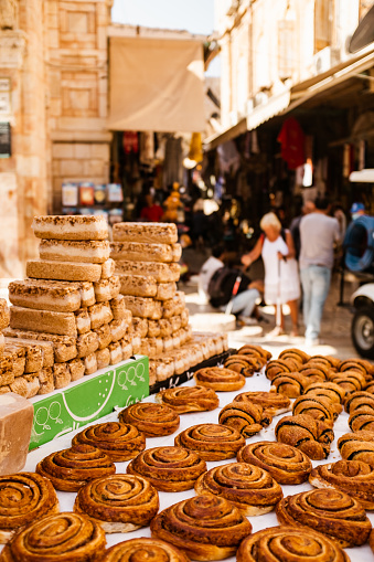 Sweet pastry variety on outdoor Market in Old city of Jerusalem, Israel.