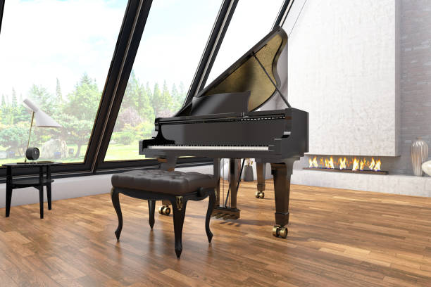 Black Grand Piano in a Modern Room with Fireplace. 3D Render