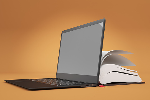 Online library or E-learning concept. Open laptop and book compilation. 3D Render
