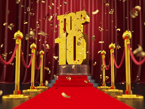 Top 10 Award Ceremony Concept with Confetti and Red Carpet. 3D Render