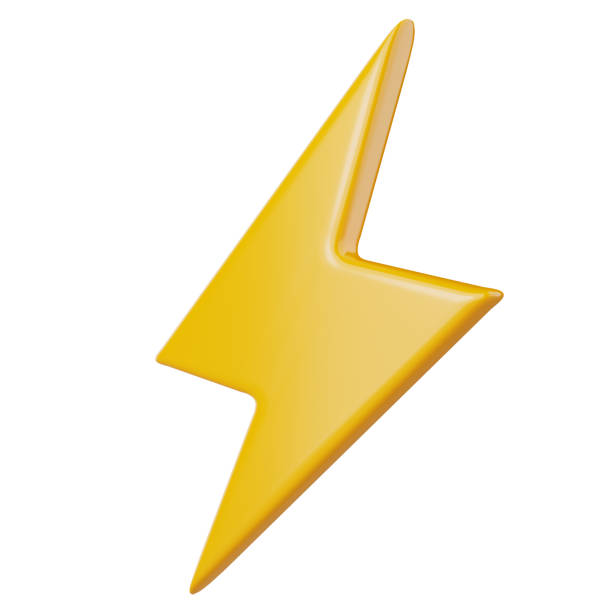Yellow thunderbolt or lightning bolt icon on isolated white background. 3D illustration rendering