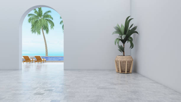 istock Empty White Wall of Hotel Resort with Swimming Pool 1438123500