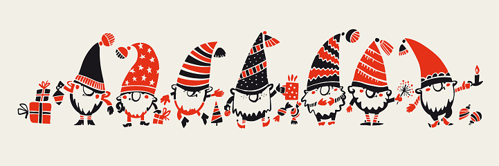 Christmas gnomes line. Christmas gnomes silhouette. Christmas gnomes for cutting, print, web. Xmas gnomes header.