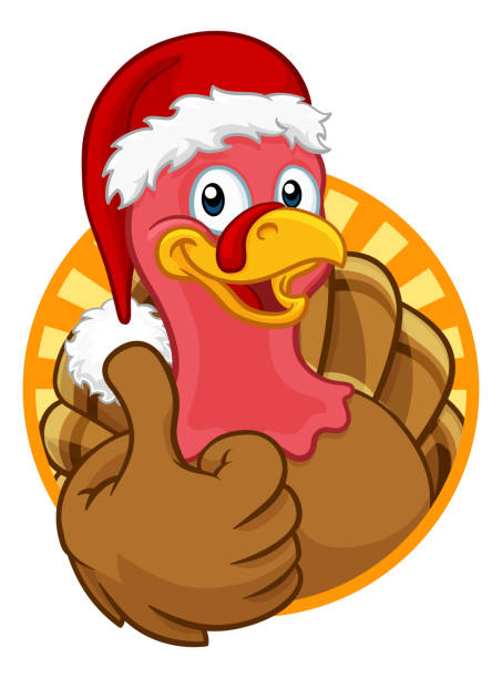 Turkey In Santa Hat Christmas Thanksgiving Cartoon Turkey Christmas or Thanksgiving Holiday cartoon character wearing a Santa Claus hat chicken thumbs up design stock illustrations