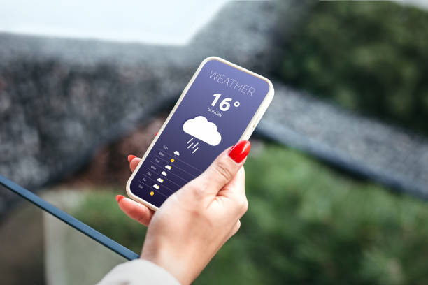 rainy weather forecast. female hand holds a mobile phone and looks at the weather forecast for the day on a park with a trees background rainy weather. weather forecast for autumn. female hand holds a mobile phone and looks at the weather forecast for the day on a park with a trees background cool climate stock pictures, royalty-free photos & images