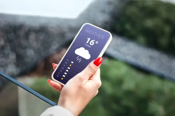 Photo of rainy weather forecast. female hand holds a mobile phone and looks at the weather forecast for the day on a park with a trees background