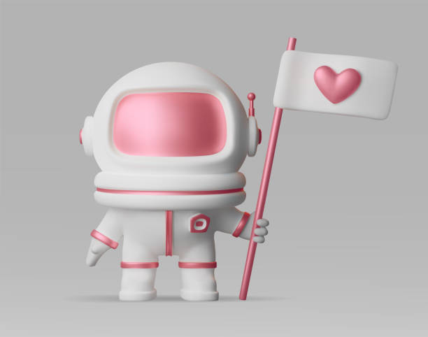 Cute astronaut with a flag and a 3d heart Cute astronaut with a flag and a 3d heart. Vector illustration in a modern plastic style. A spacewoman in a pink helmet. A card for a Valentine's Day or wedding design space suit stock illustrations