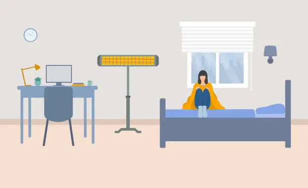 Vector illustration of Young Woman Wrapped In Blanket, Sitting On Bed. Electric Heater And Study Desk In Teen Room