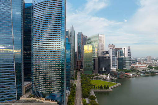 Aerial view of Singapore business district and city in morning at Singapore, Asia.