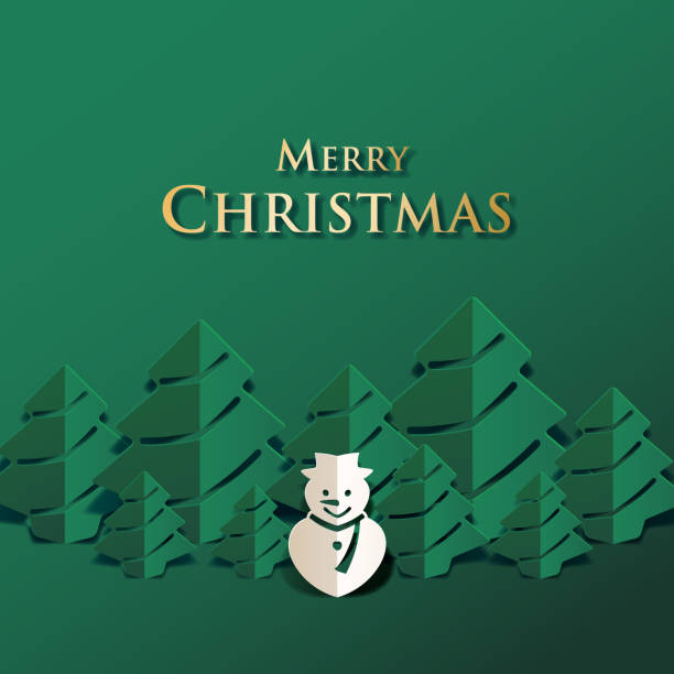 weihnachtsbaum & schneemann papierschnittkunst - christmas gold green backgrounds stock-grafiken, -clipart, -cartoons und -symbole