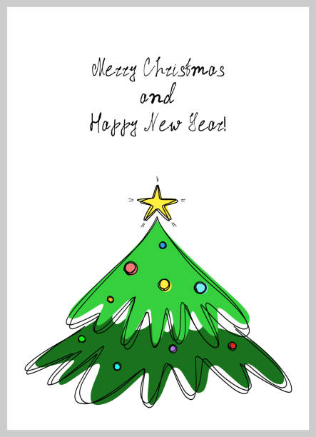 istock Minimalist Christmas greeting card design. Outline hand drawn spruce tree. Simple Christmas card with a Christmas tree. 1438127164