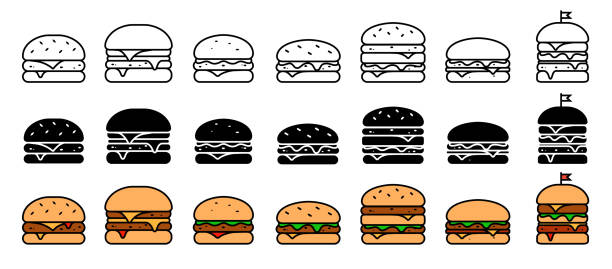 illustrazioni stock, clip art, cartoni animati e icone di tendenza di set vettoriale dell'icona della linea di hamburger. collezione di illustrazioni per hamburger. fast food simbolo dell'arte della linea. - symbol food salad icon set