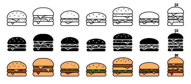 버거 라인 아이콘 벡터 세트입니다. 햄버거 일러스트 컬렉션입니다. 패스트 푸드 라인 아트 기호입니다. - hamburger bun bread isolated stock illustrations