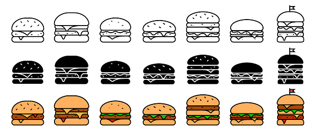 Burger line icon vector set. hamburger illustration collection. Fast food Line art symbol.