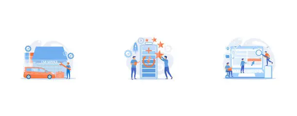 Vector illustration of Auto tuner with wrench and toolbox doing vehicle modification at car service, Engineers with battery charging, clock and stars with rocket, IT specialist identify user across mobile, laptop and tablet, set flat vector modern illustration