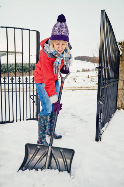 istock Senior woman clearing snow from her front yard using a snow shov 1438128338