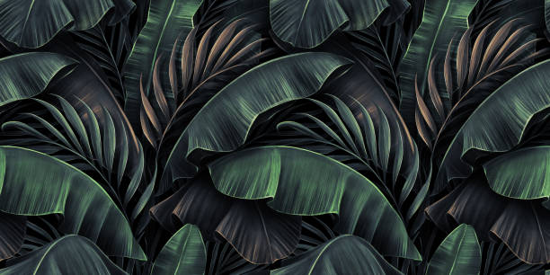 neonowe jasne liście bananowca, dłonie na ciemnym tle. bezszwowy wzór. vintage tropikalna ilustracja 3d. luksusowe nowoczesne tapety, druk tkanin, tkaniny, gobeliny, plakaty, invintacje, kartki - banana leaf stock illustrations