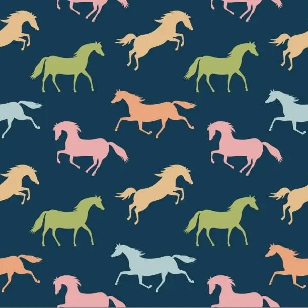 Vector illustration of Seamless vector pattern with colorful running horses. Pastel colored horses on a dark blue background. Graphic print for childrenhorse-pattern2