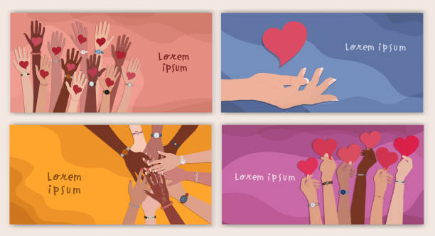 ilustrações de stock, clip art, desenhos animados e ícones de banner with group of volunteer diversity people. editable poster template. hand up holding a heart in their hand. charity solidarity donation. ngo. community. hands in a circle. web page - voluntariado