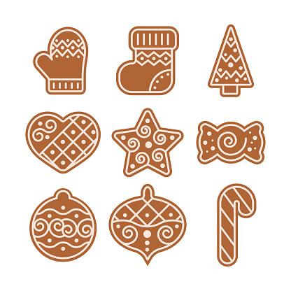 Christmas gingerbread cookies with icicng collection. Xmas ginger bread cookies with sugar decoration sock, tree, heart star shapes vector set. Winter holiday candy food flat design illustration.