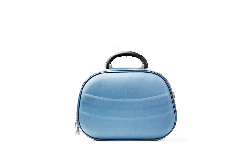 A blue woman handbag on a white background with copy space