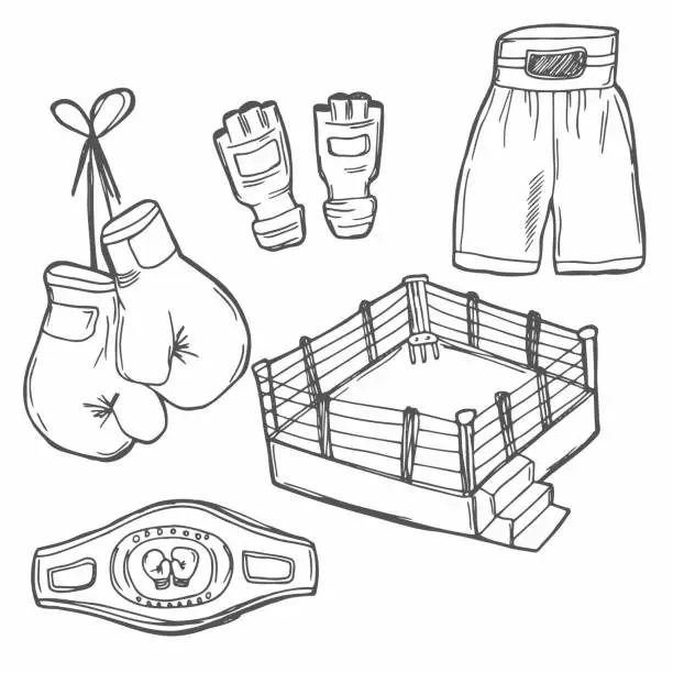 Vector illustration of Doodle vector set: Boxing sport equipments and objects such as tank top, trunk, fight gear, gloves, belt, speed bag, etc. Black and white line illustration