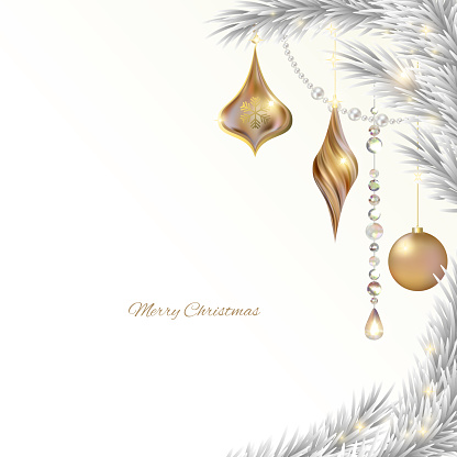 Christmas ball. New Year. Holiday. Illustration. Snowflakes. Christmas tree. Decorations. Frost. Winter. White. Gold. Card. Silver.