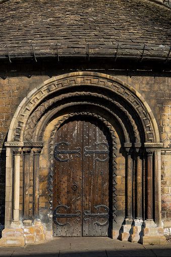 Santa María rural romanesque stone church, side doorway, Melide, A Coruña province, Galicia, Spain. Camino de Santiago, camino francés.